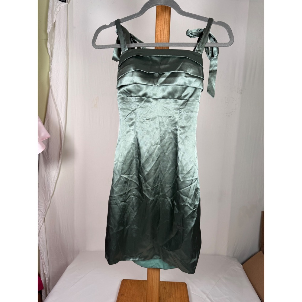 Sage Green Satin Tiered Mini Dress Bow Back Cutout Cocktail Dress Size 0 NWT